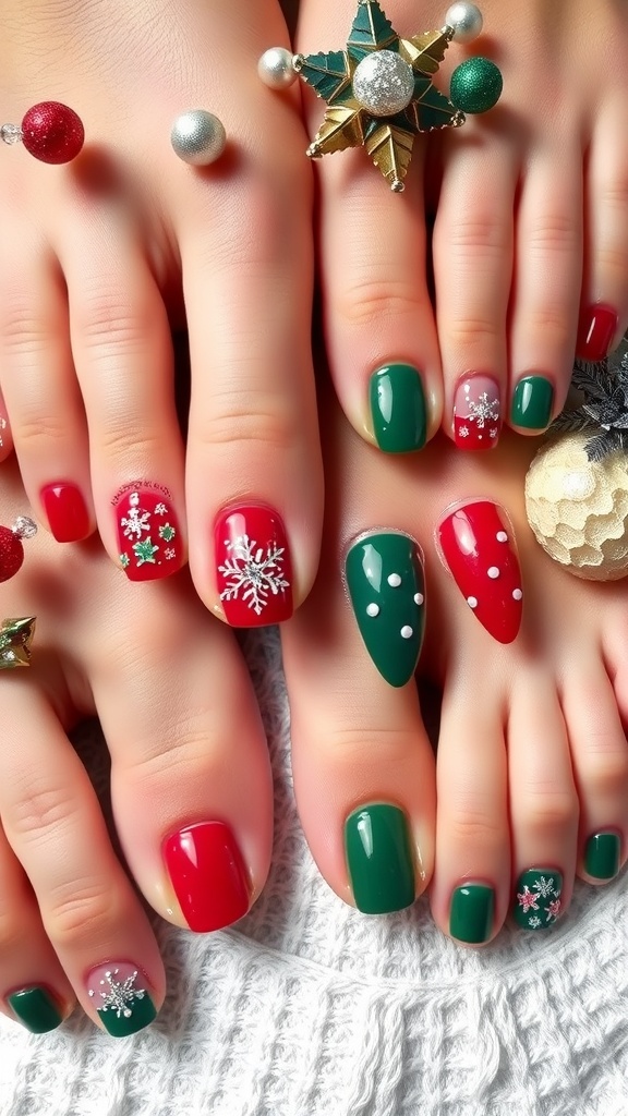 Elegant Christmas nail and toe art designs in red, green, and glitter, displayed on a soft background.